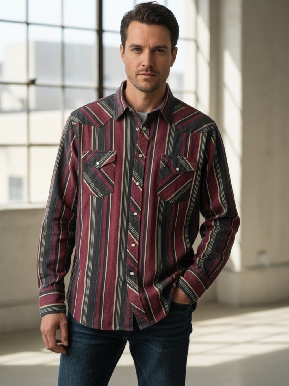 NXP Western Pearl Snap Shirt XL Burgundy Striped Vintage Style Cowboy Flannel